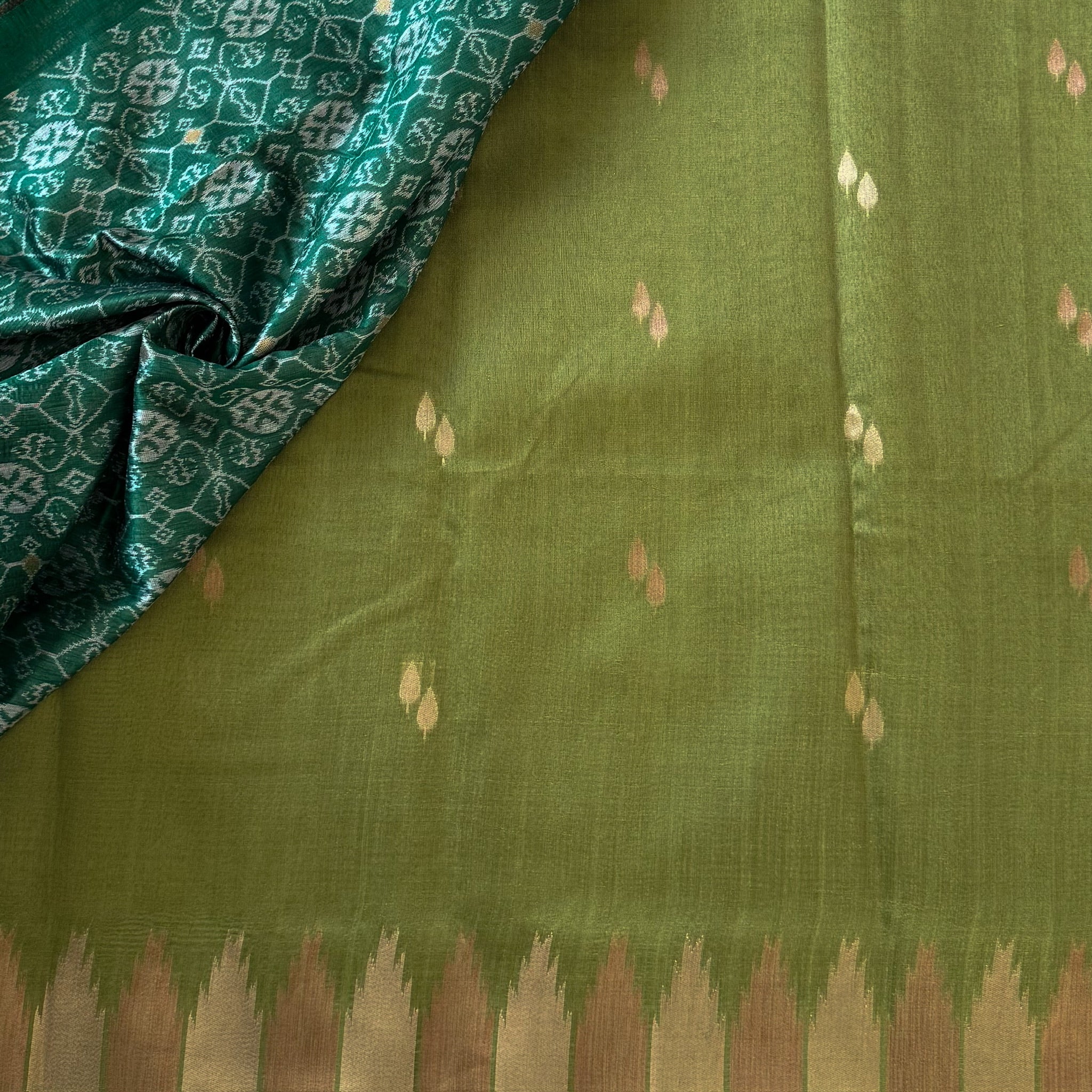 Traditional Emerald Olive Ikat Silk Saree Gold Butta Tassel Border