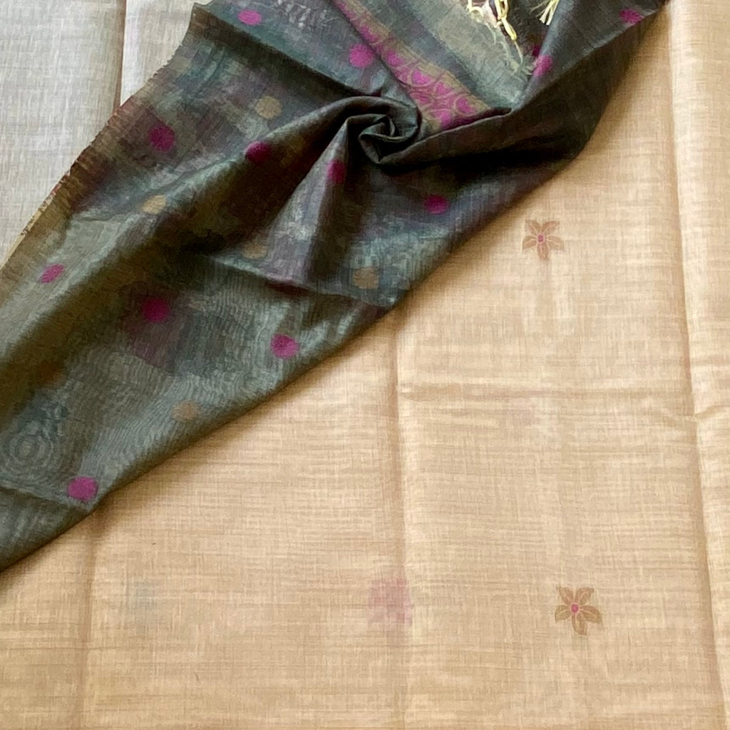 Sage Magenta Floral Tassel Saree Mustard End Lightweight Handwoven Elegant