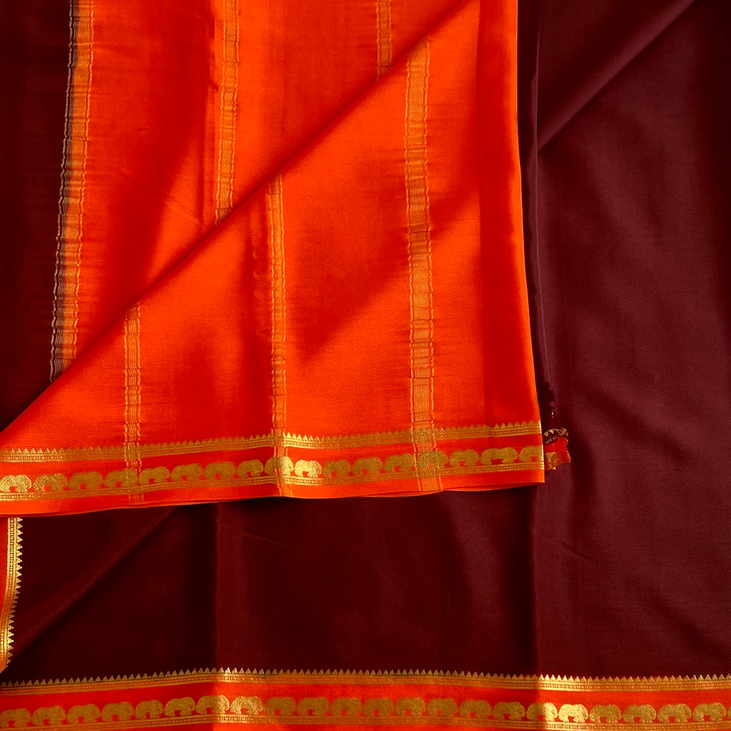 Deep Wine Brown Mysore Crepe Silk Saree With Sunset Orange Pallu