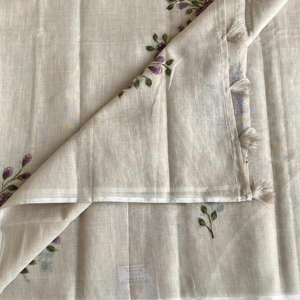 Ecru Beige Soft Tussar Silk Saree With Lavender Purple Embroidery
