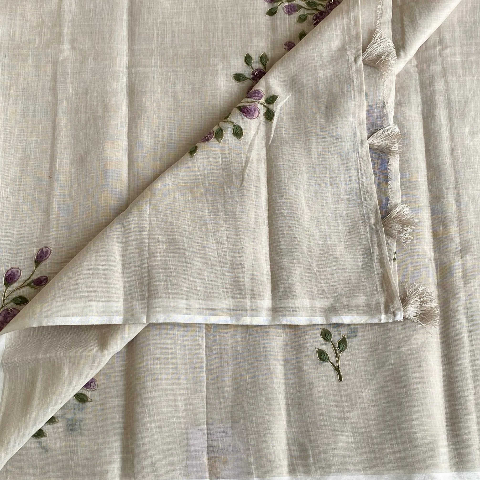 Ecru Beige Soft Tussar Silk Saree With Lavender Purple Embroidery