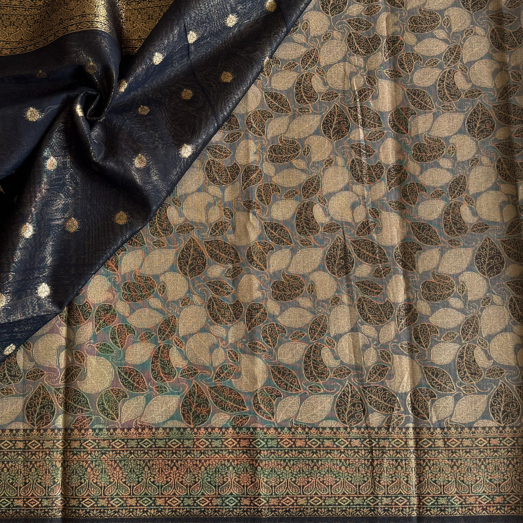 Bronze Brocade Saree With Leaf Motif And Medallion Pallu