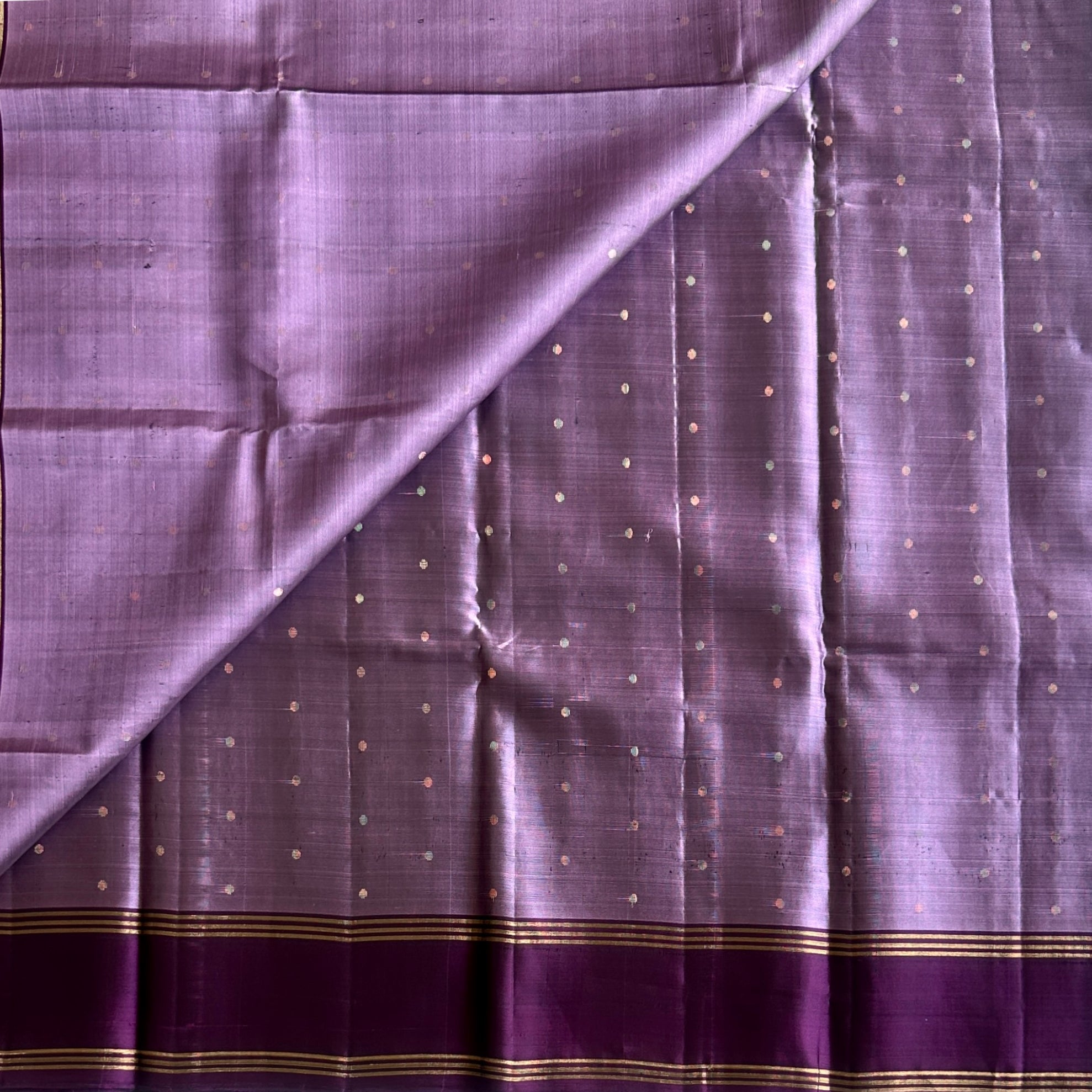 Deep Violet Silk Saree Antique Gold Diamond Pallu Gold Border