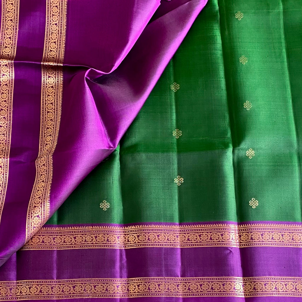 Bottle Green Kanchi Pure Silk With Royal Purple Pallu & Double Zari Borders