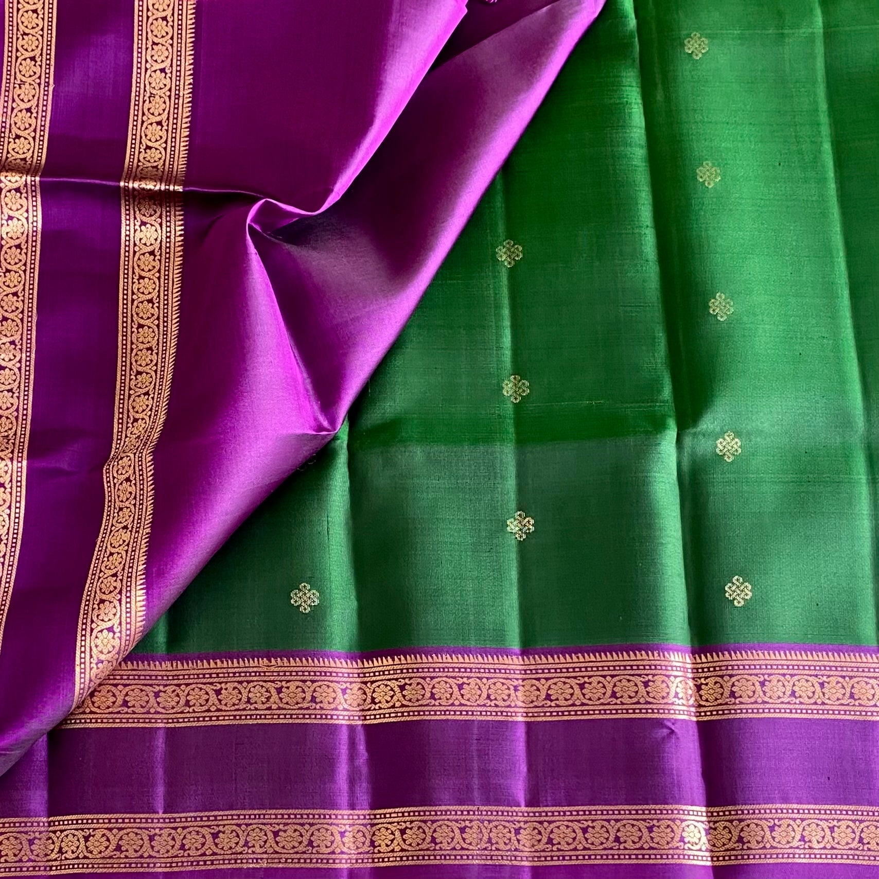 Bottle Green Kanchi Pure Silk With Royal Purple Pallu & Double Zari Borders