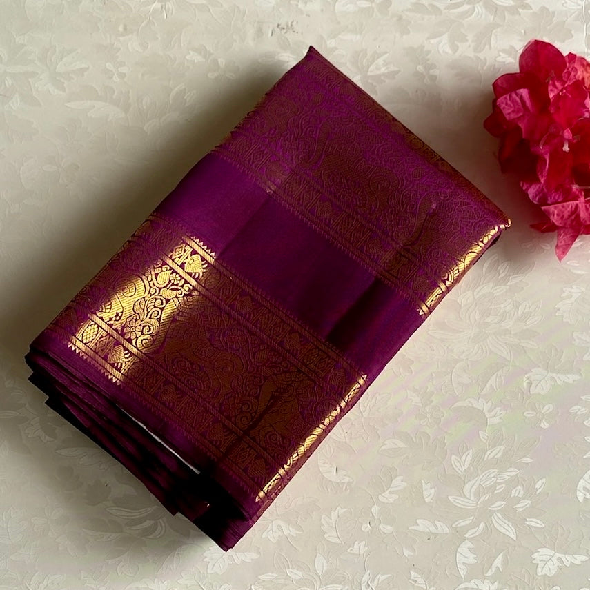 Dual Shaded Honey Gold With Lustrous Wine Purple Kanjeevaram Silk