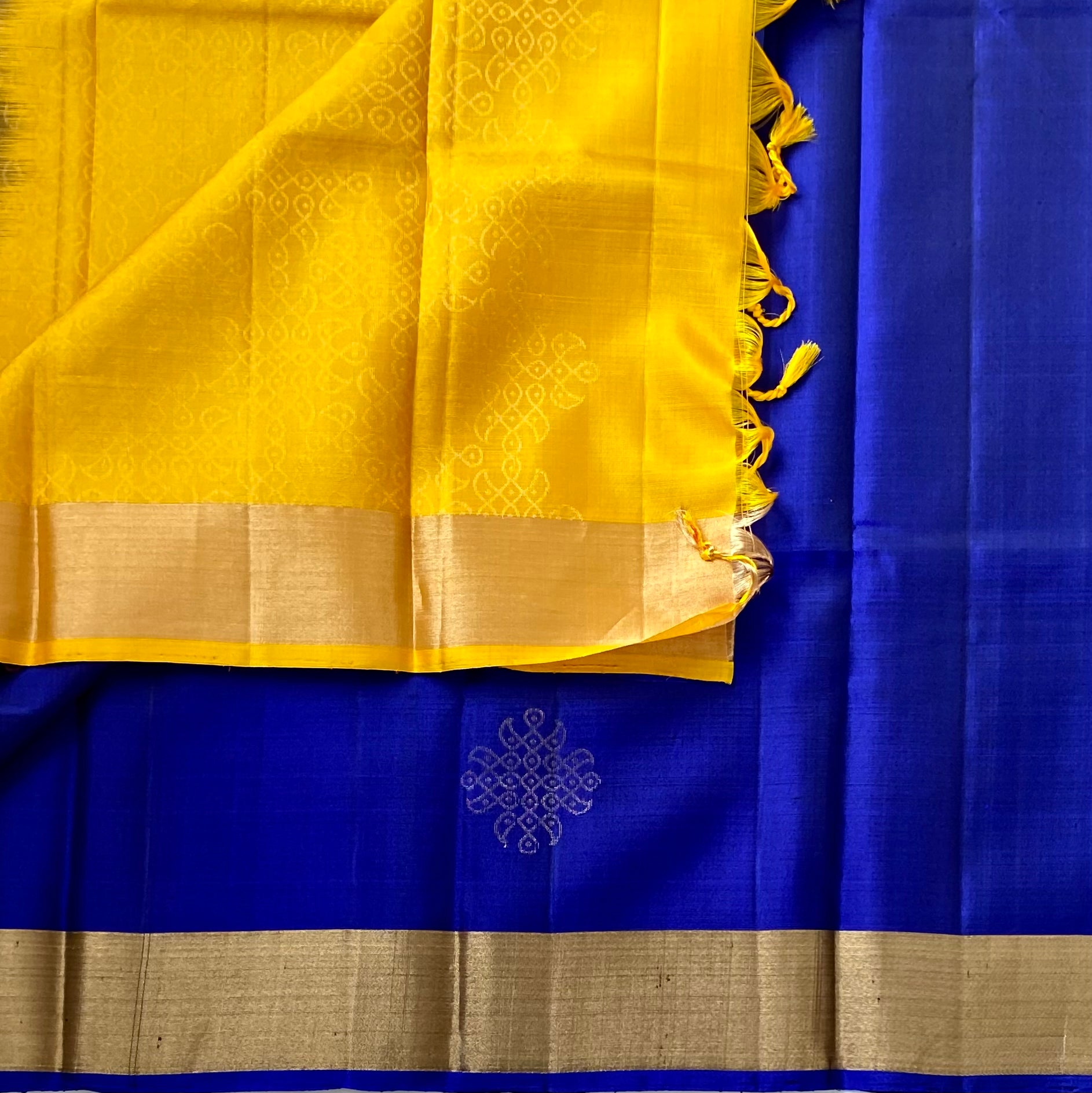 Royal Blue Saffron Silk Saree With Gold Border Medallion Motifs