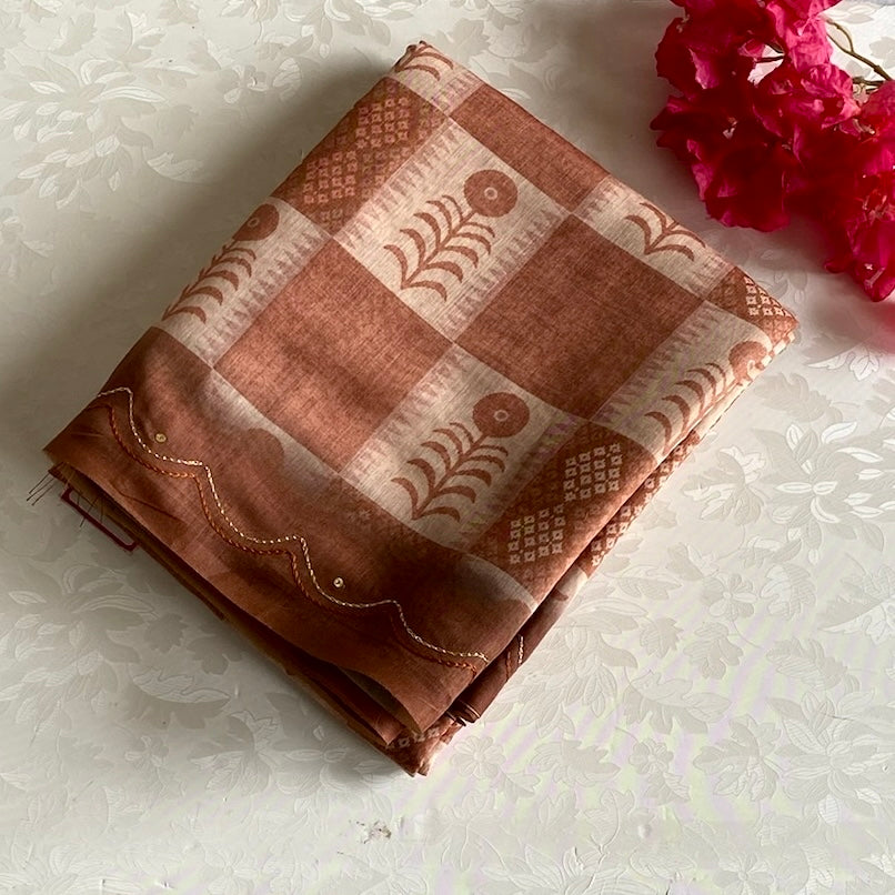 Rust Brown Softest Lightweight Tussar With Antique Beige Checks And Zari