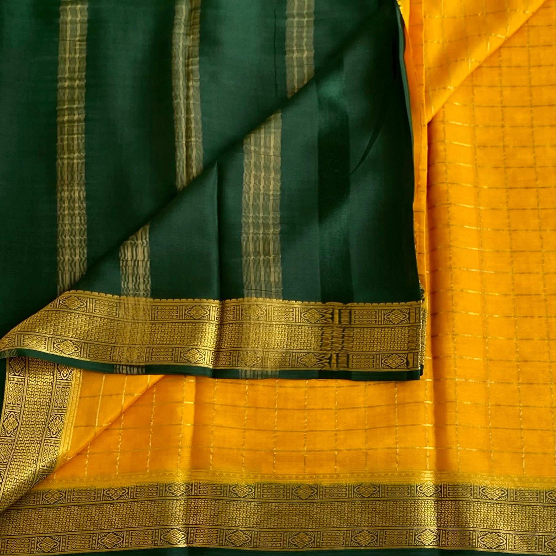 Mustard Yellow Bottle Green Mysore Crepe Silk Saree With Zari Border