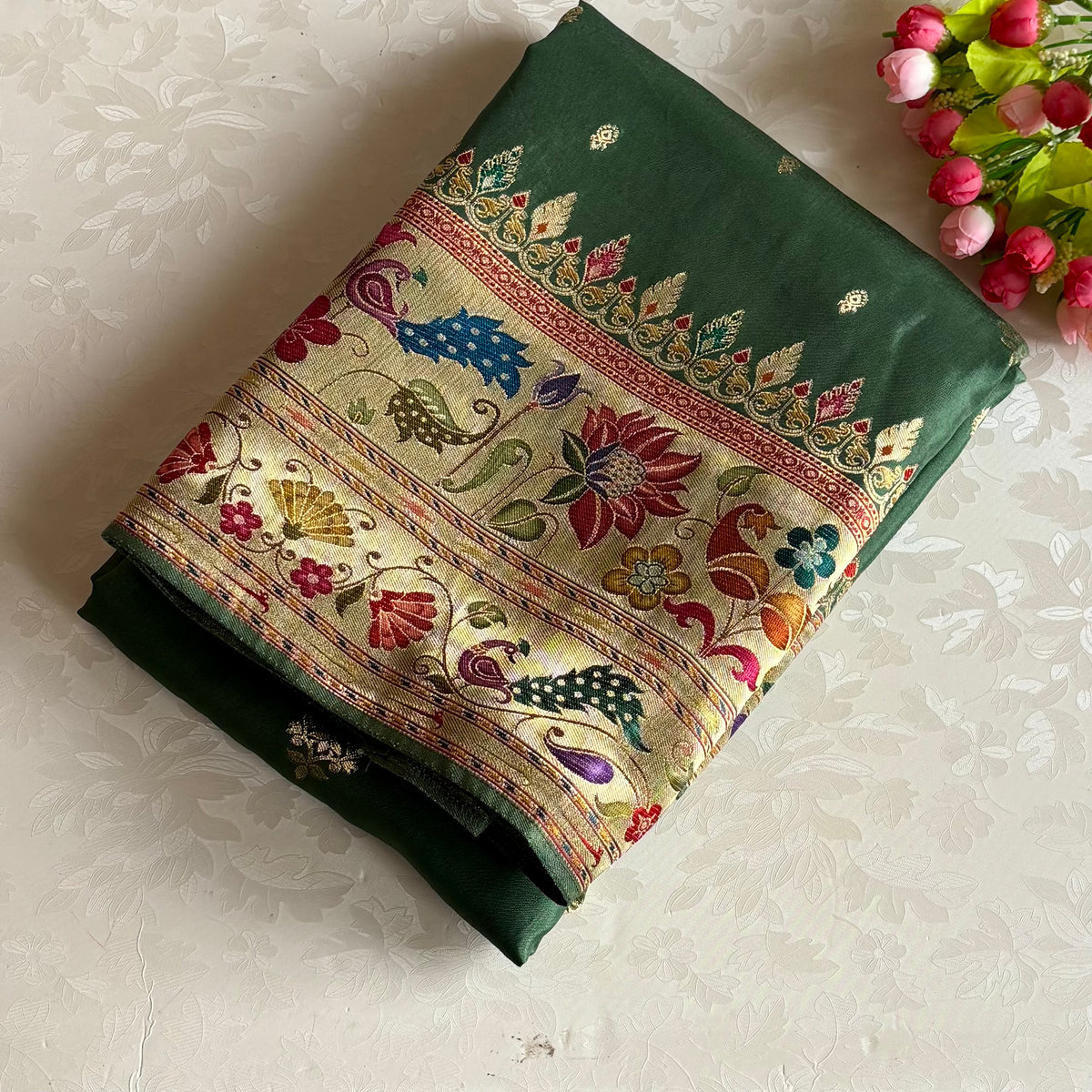 Metallic Sage Green Soft Meenakari Tussar Silk Saree With Antique Gold Floral Pallu