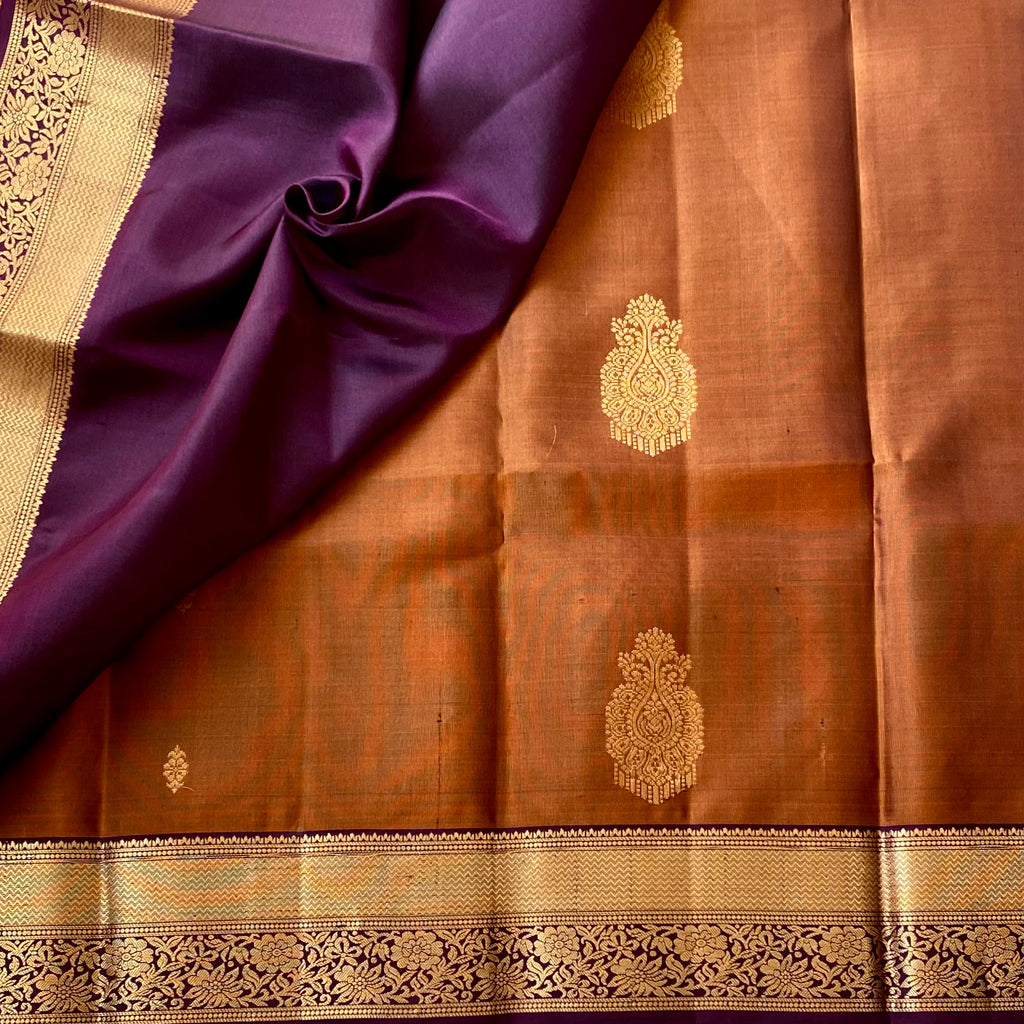 Burnt Orange Silk Saree Plum Purple Pallu Metallic Gold Zari