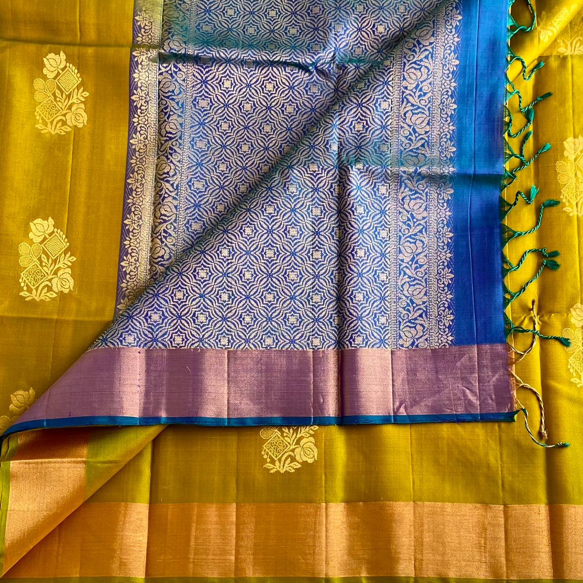 Mustard Yellow Designer Pure Silk Saree Peacock Blue Pallu Gold Border