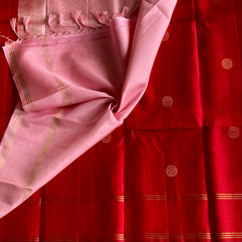 Scarlet Red Designer Pure Silk Saree With Blush Pink Pallu