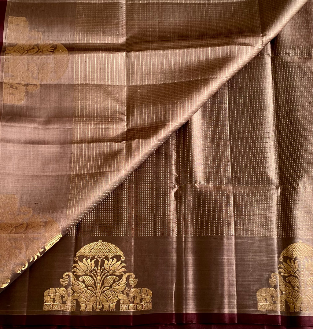 Taupe Saree Antique Gold Temple Border Maroon Edge Brocade Traditional
