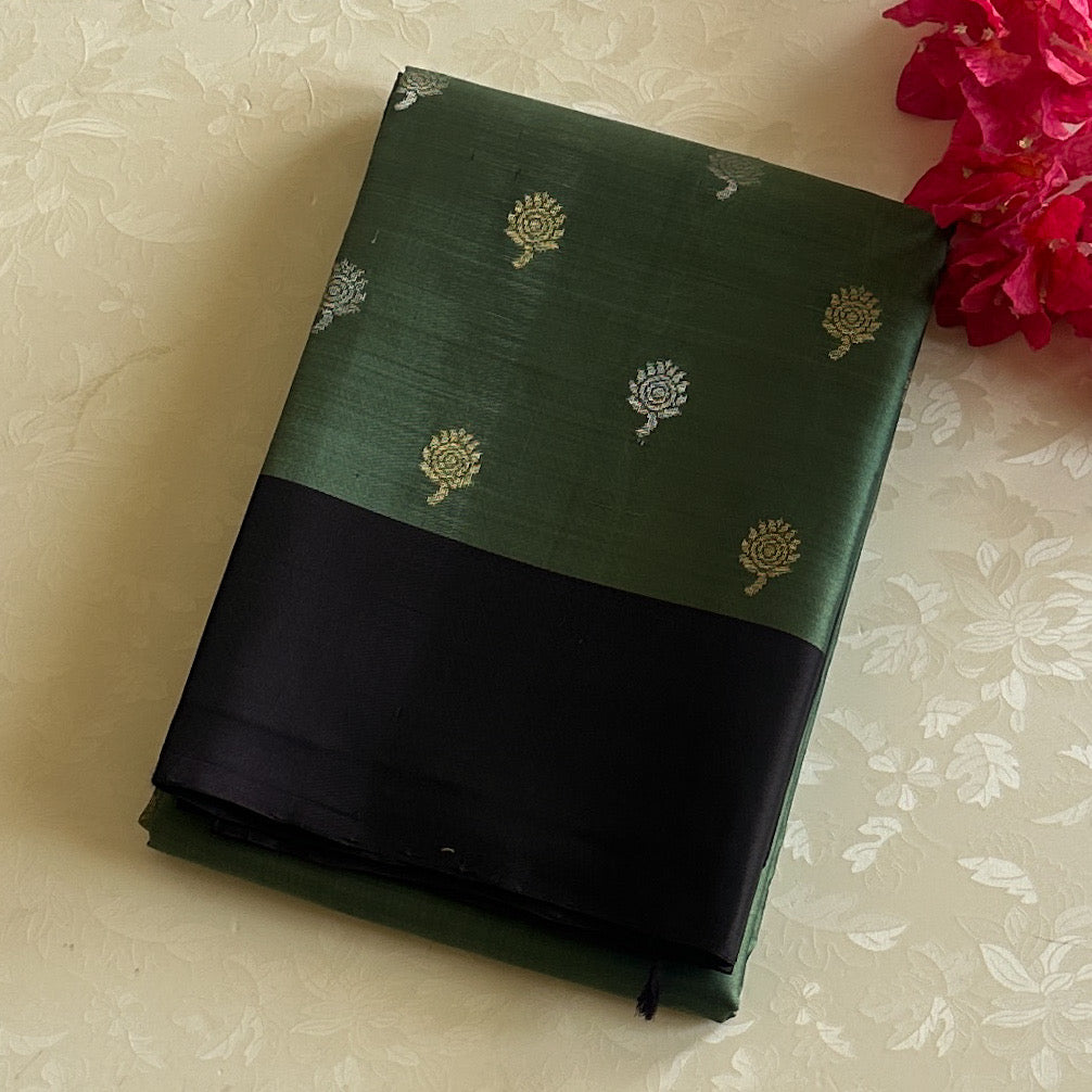 Teal Green Silk Saree Indigo Brocade Pallu Gold Zari Buta