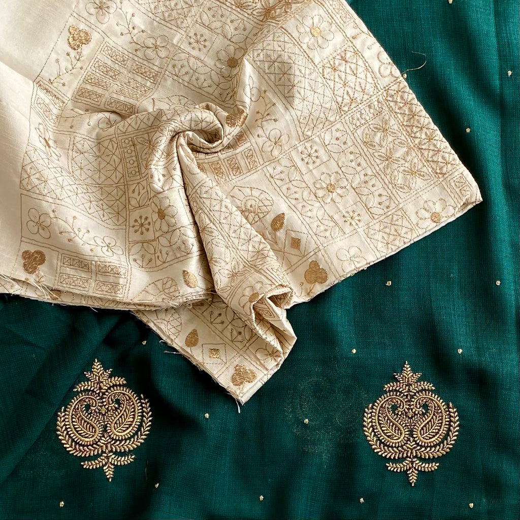 Emerald Green Soft Jute Tussar Saree With Metallic Gold Butis