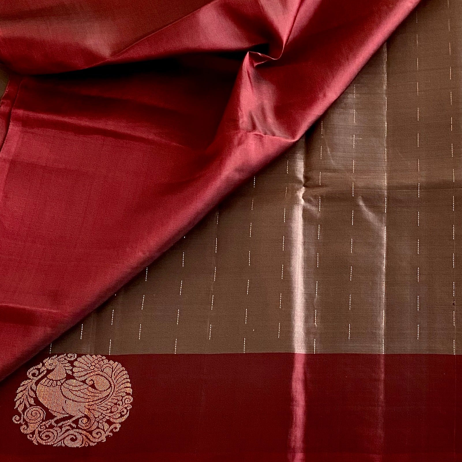 Slate Gray Designer Pure Silk Saree With Burgundy Maroon Pallu