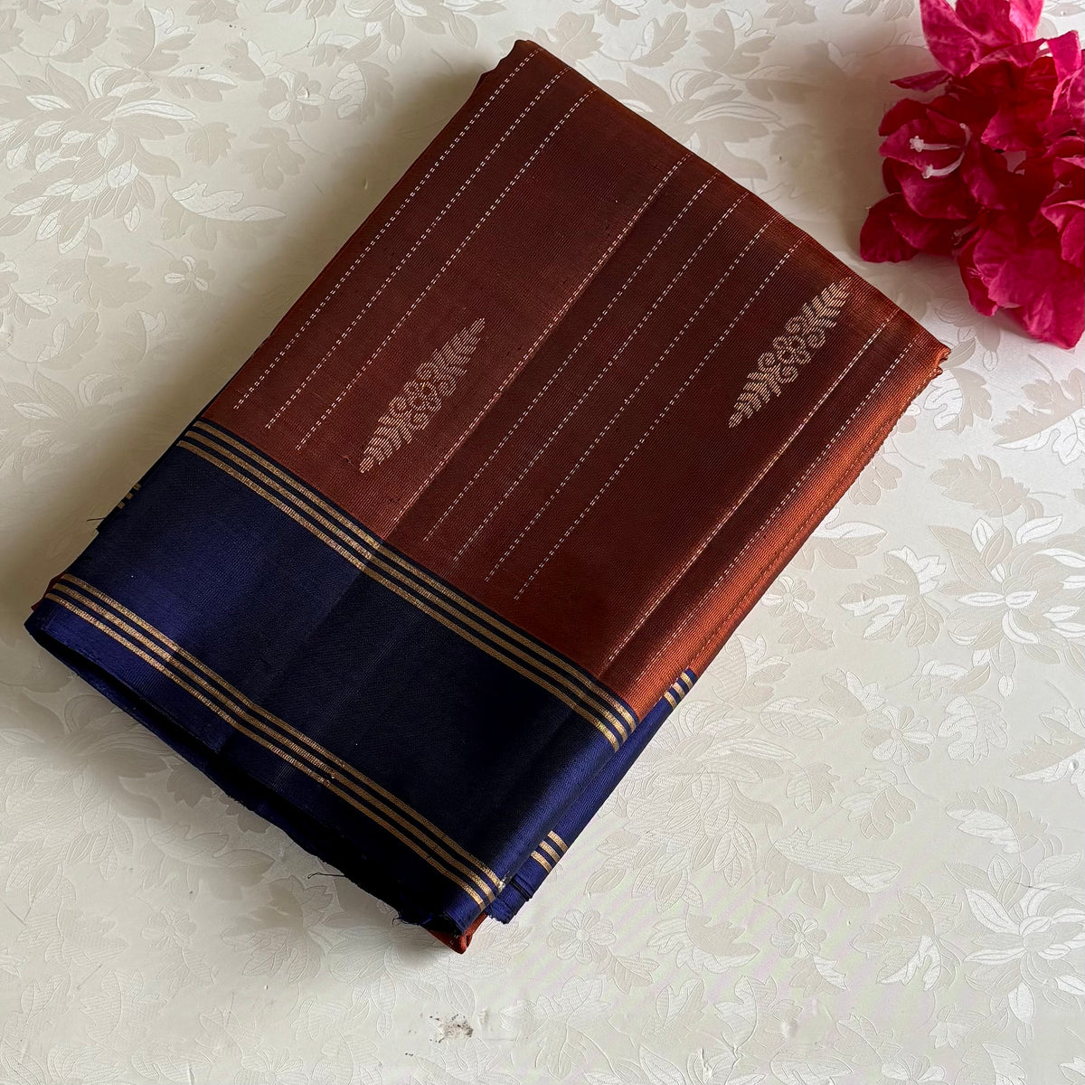 Copper Brown & Rich Navy Blue Designer Pure Silk Saree