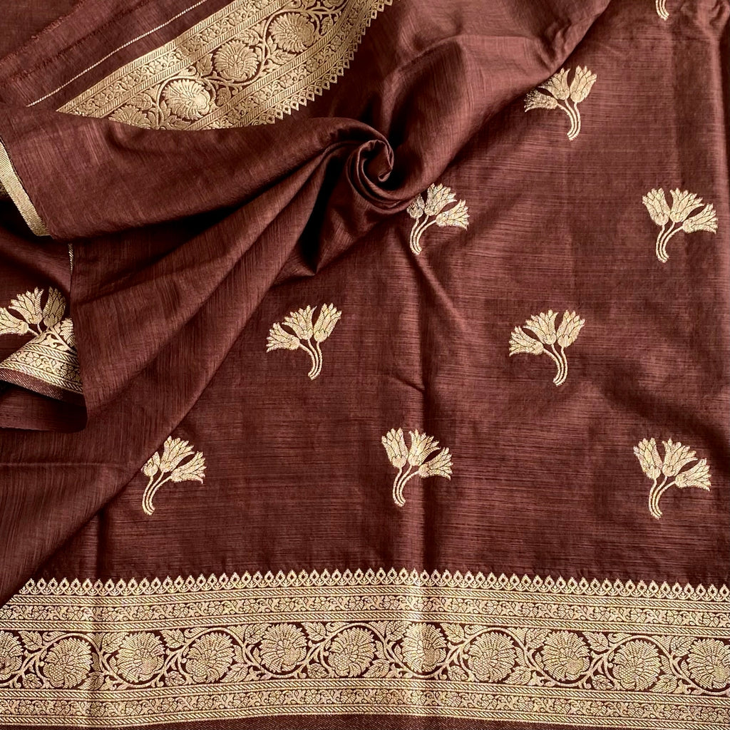 Deep Coffee Soft Tussar Silk Saree With Antique Gold Jaal Border