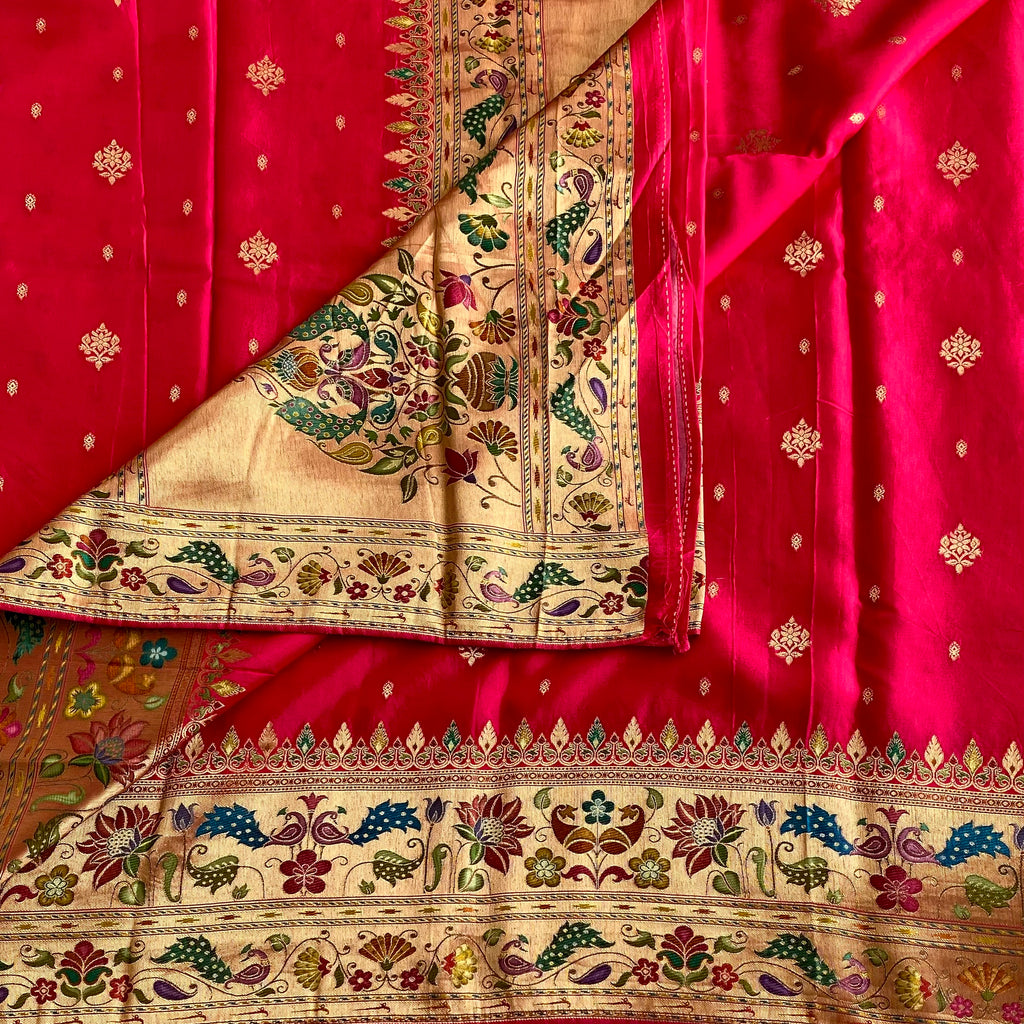 Fuchsia Pinkish Red Meenakari Soft Tussar Silk Saree With Peach Peacock Pallu