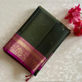 Olive Green Designer Pure Silk Saree Vivid Magenta Zari Border