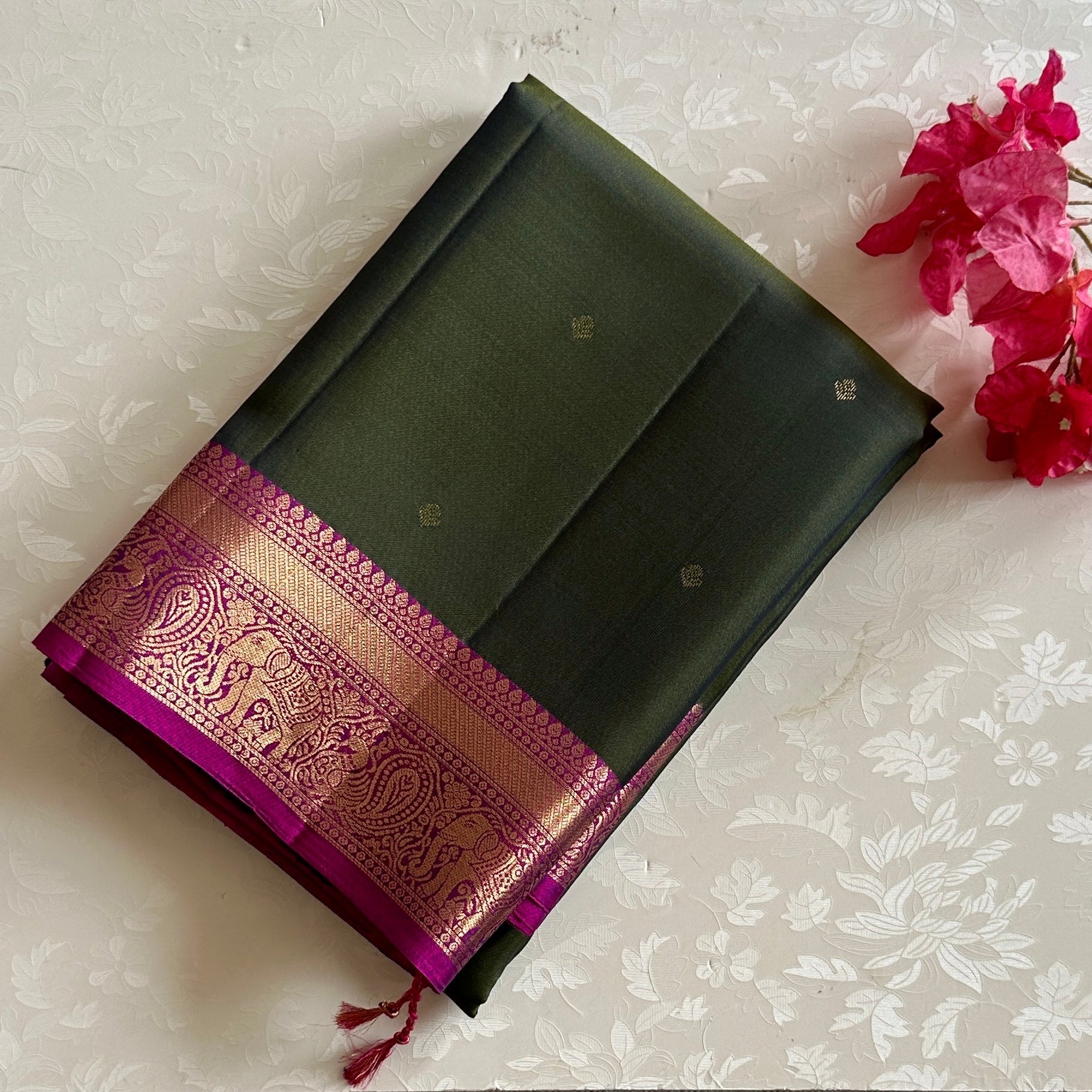 Olive Green Designer Pure Silk Saree Vivid Magenta Zari Border