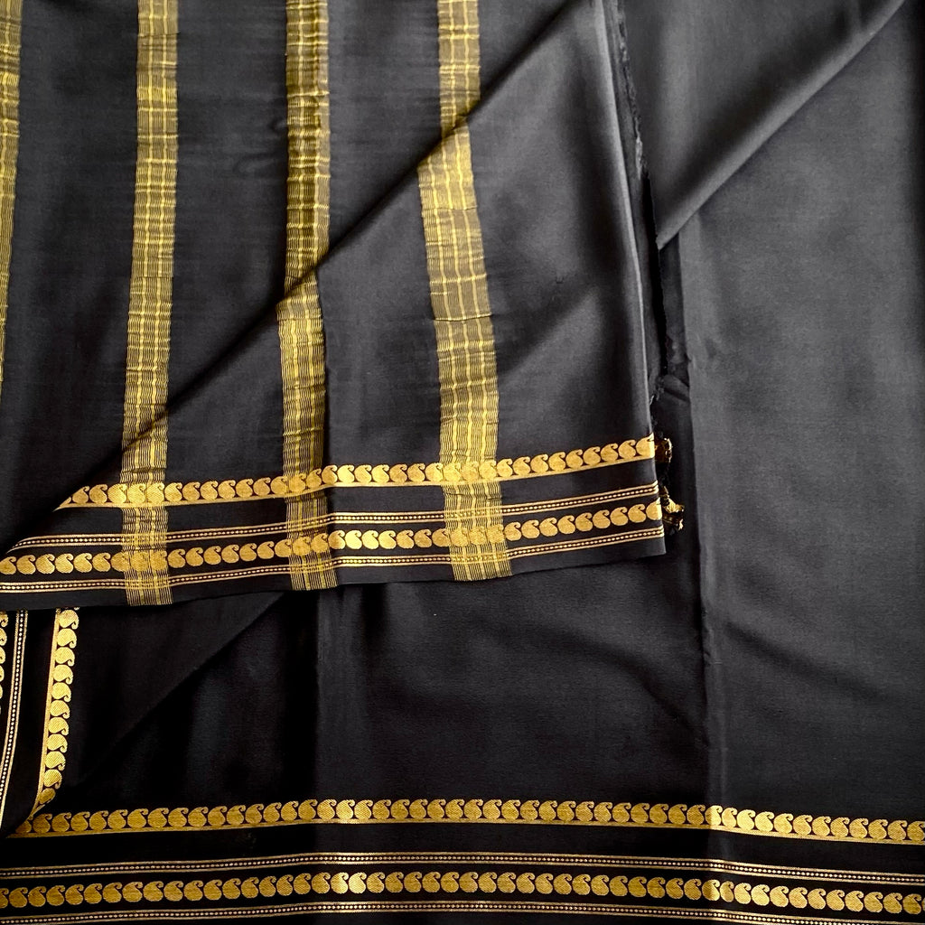 Jet Black Mysore Crepe Silk Saree With Antique Gold Border