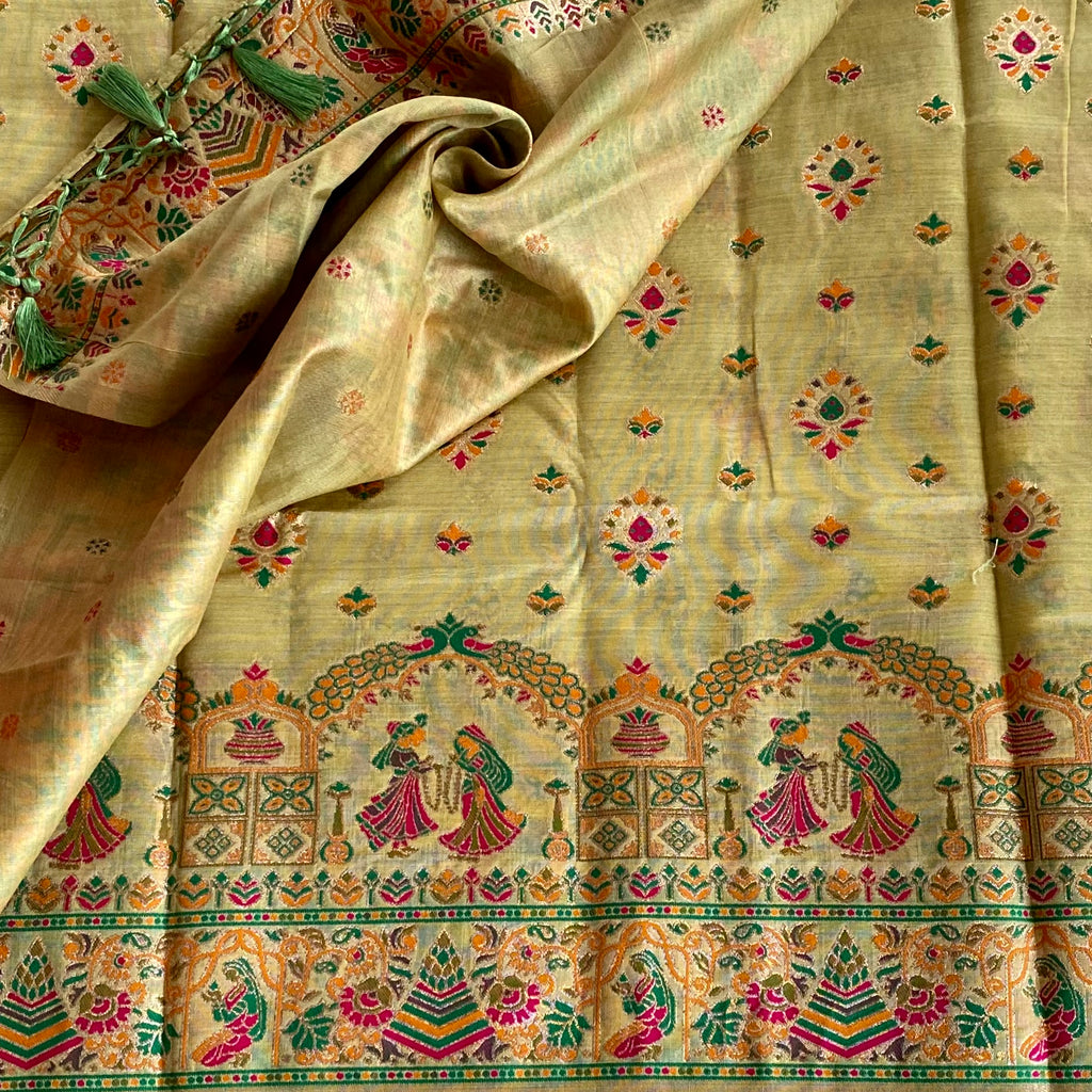 Olive Gold Banarasi Brocade Saree with Peacock Dancer Motifs Silk