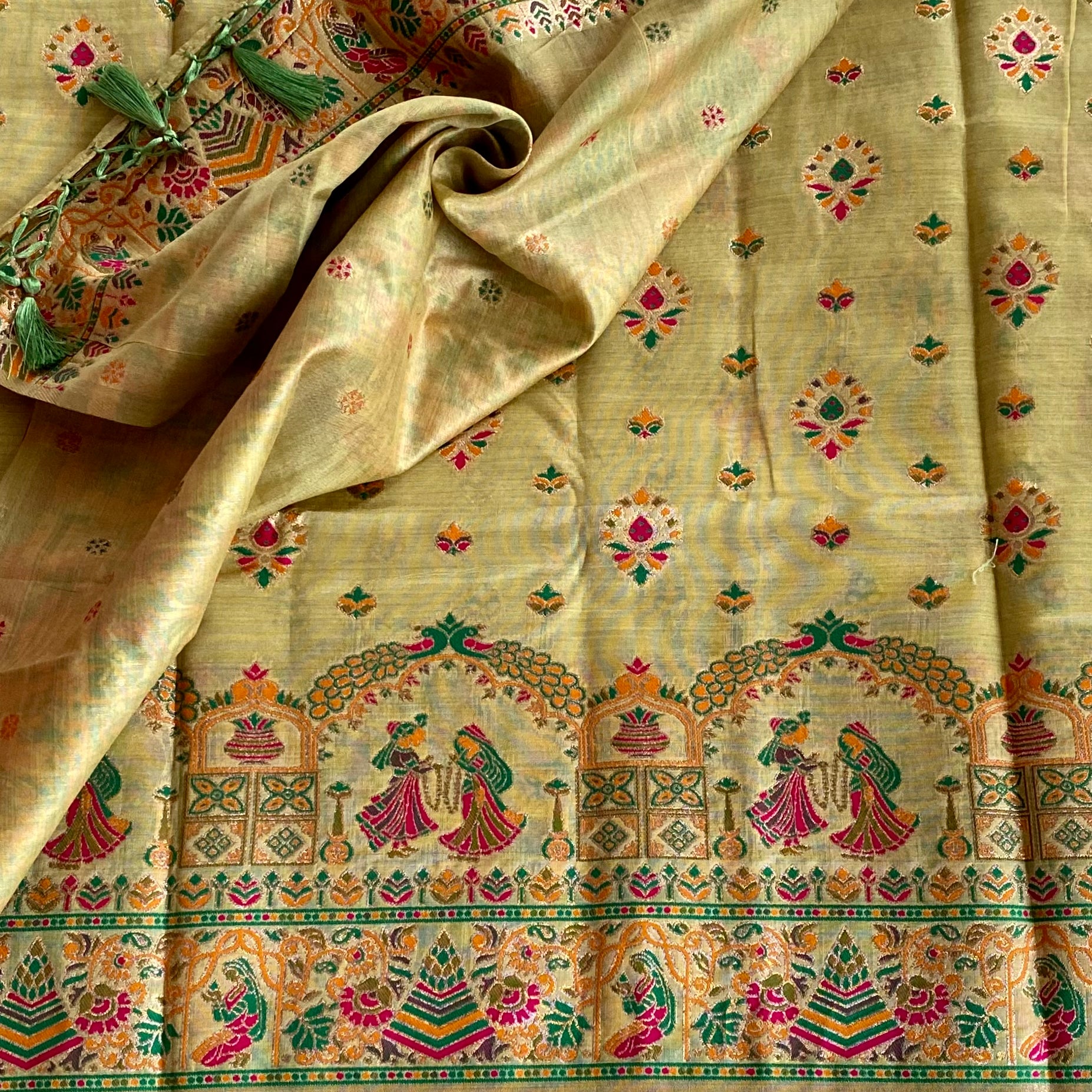 Olive Gold Banarasi Brocade Saree with Peacock Dancer Motifs Silk