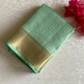 Mint Green Designer Pure Silk Micro Checkered With Gold Border