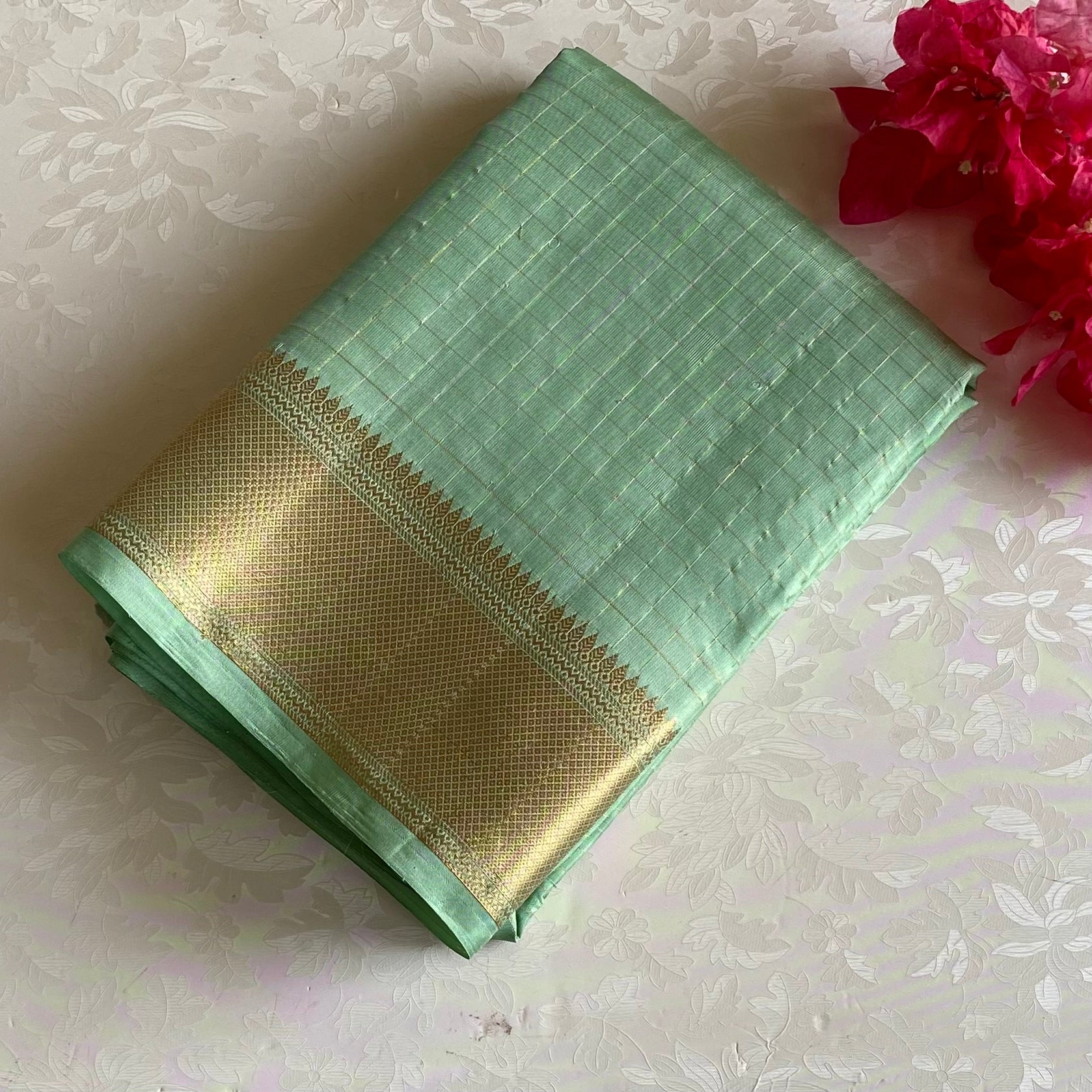 Mint Green Designer Pure Silk Micro Checkered With Gold Border