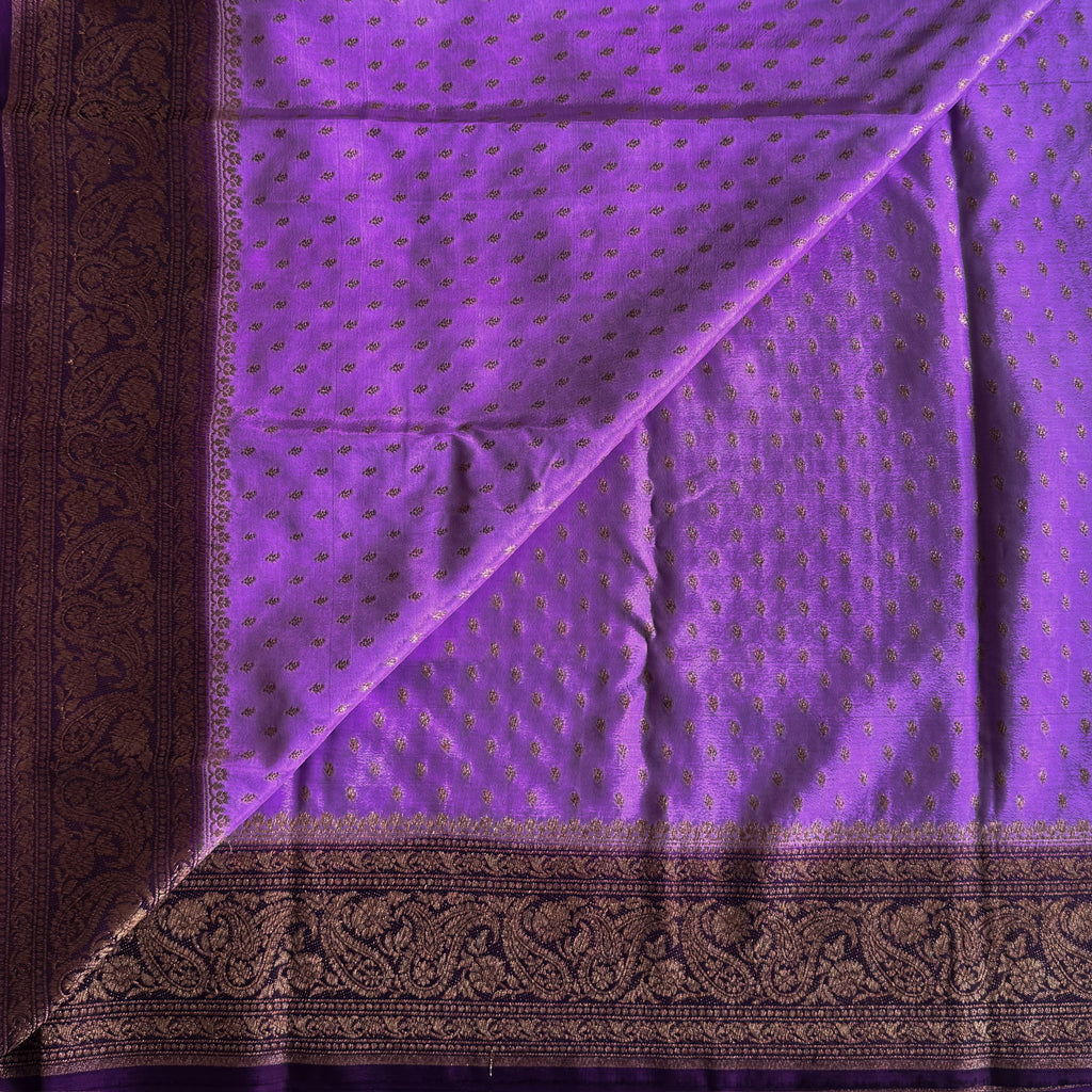 Royal Purple Brocade Saree Antique Gold Zari Lilac Pallu Traditional