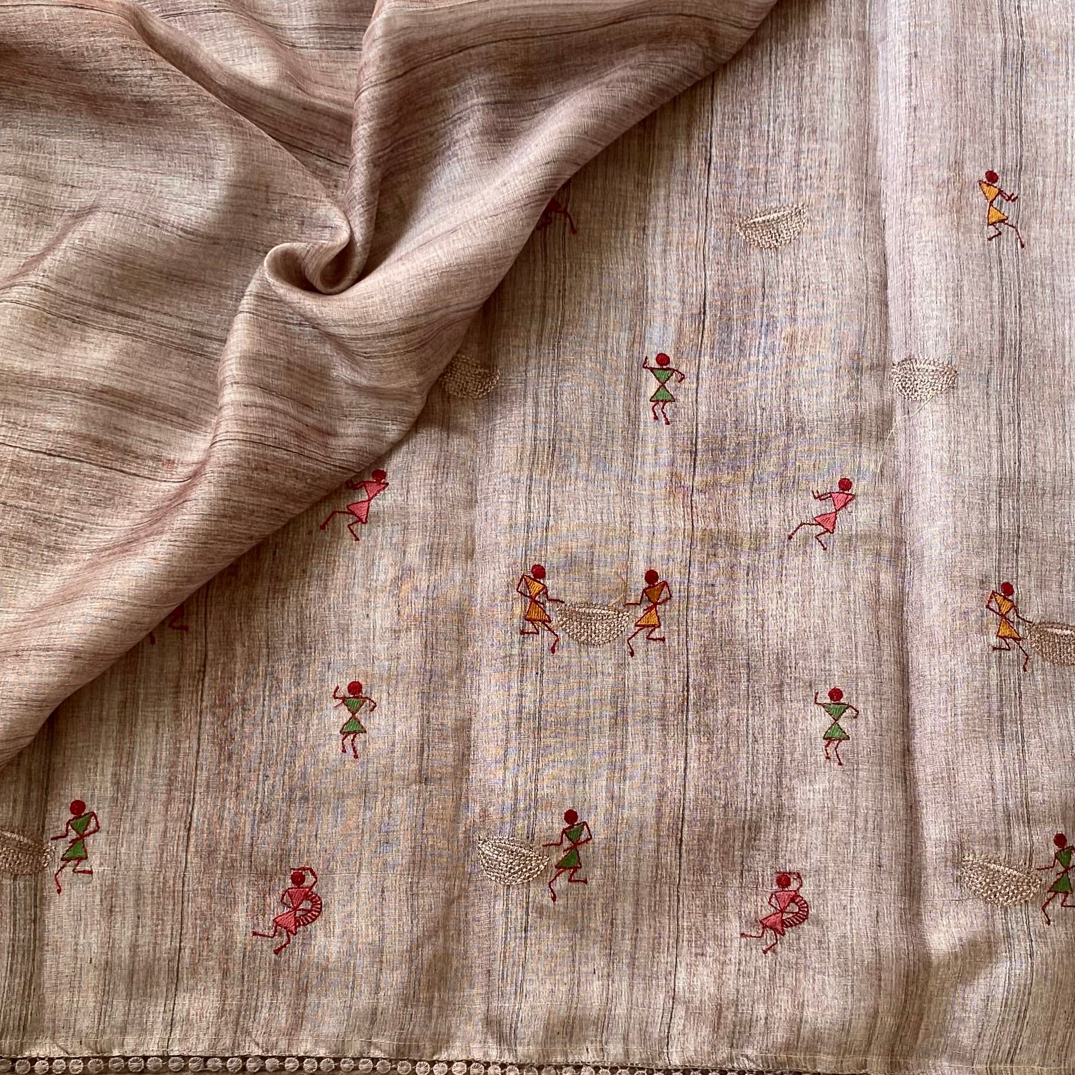 Muted Mauve Folk Embroidered Saree with Pom Pom Border