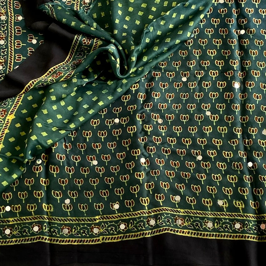 Ajrakh Handblock Printed Silk Forest Green Saree With Mustard Yellow Border