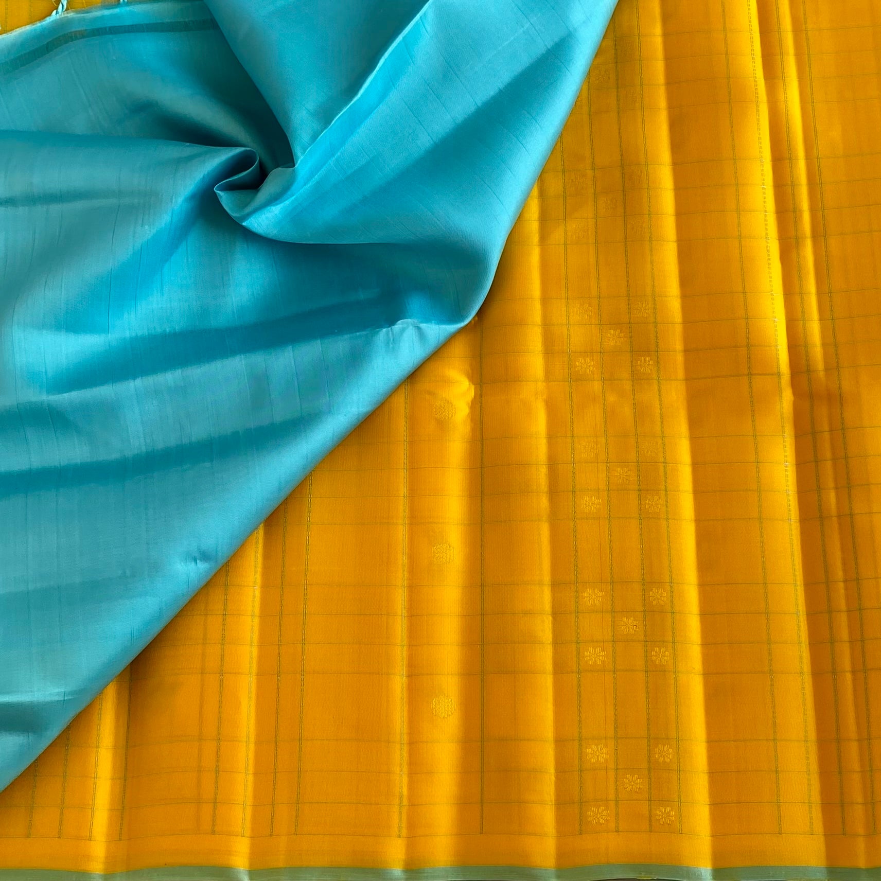 Golden Yellow Designer Pure Silk Saree With Turquoise Blue Pallu