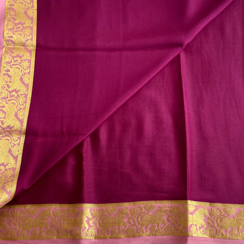 Deep Magenta Mysore Crepe Silk Saree With Blush Pink Gold Zari Border