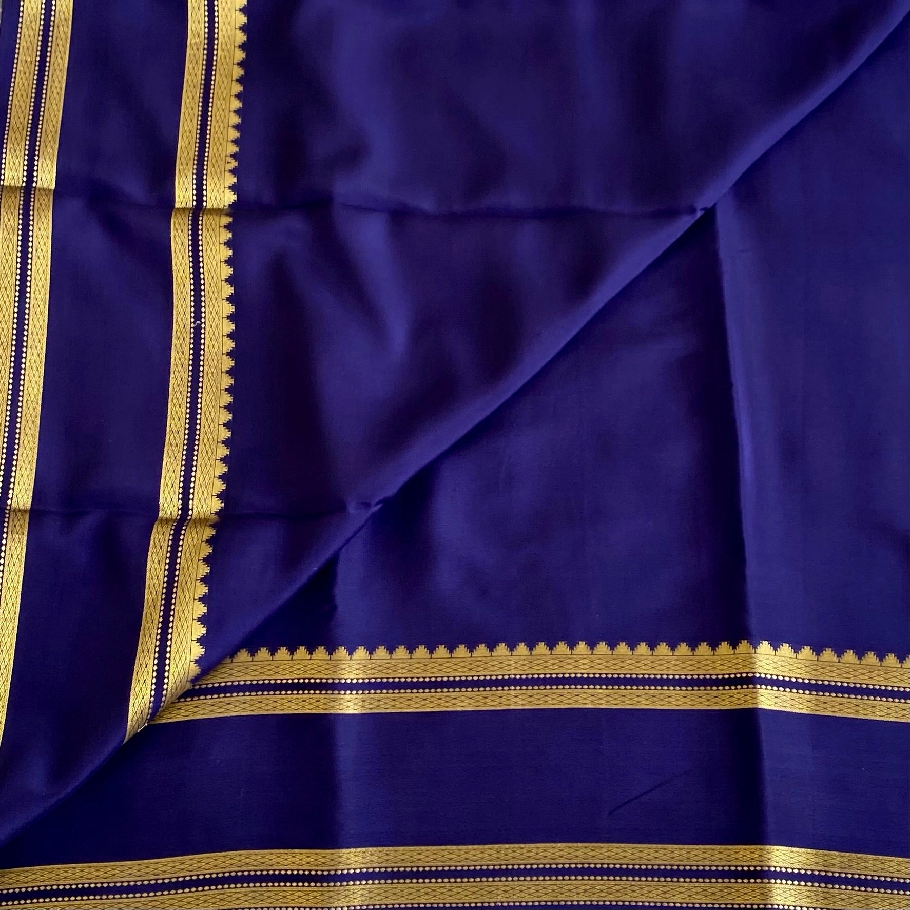 Midnight Navy Mysore Crepe Silk Saree With Gold Border Stripes