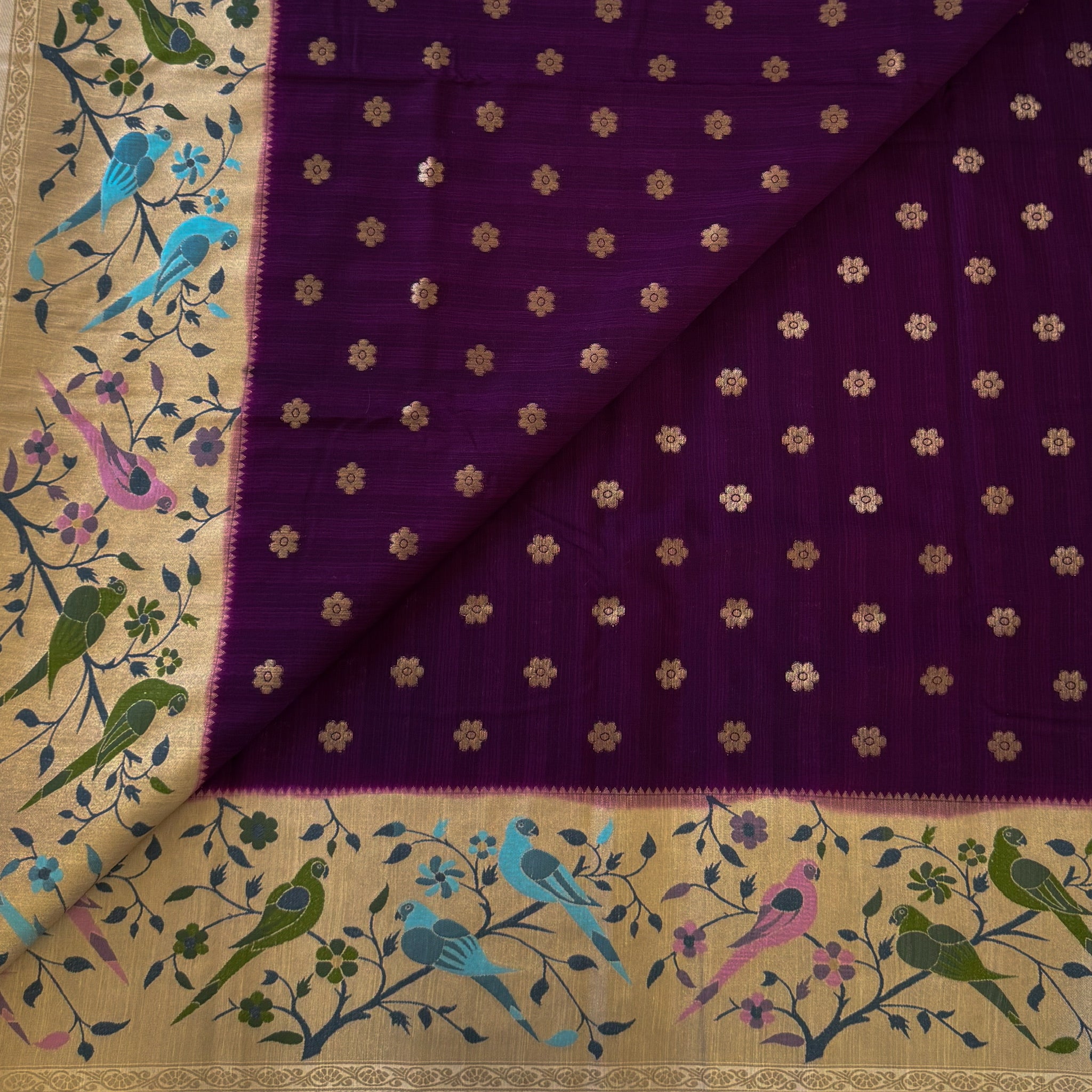 Plum Silk Saree Cream Bird Gold Zari Border Tassel Pallu