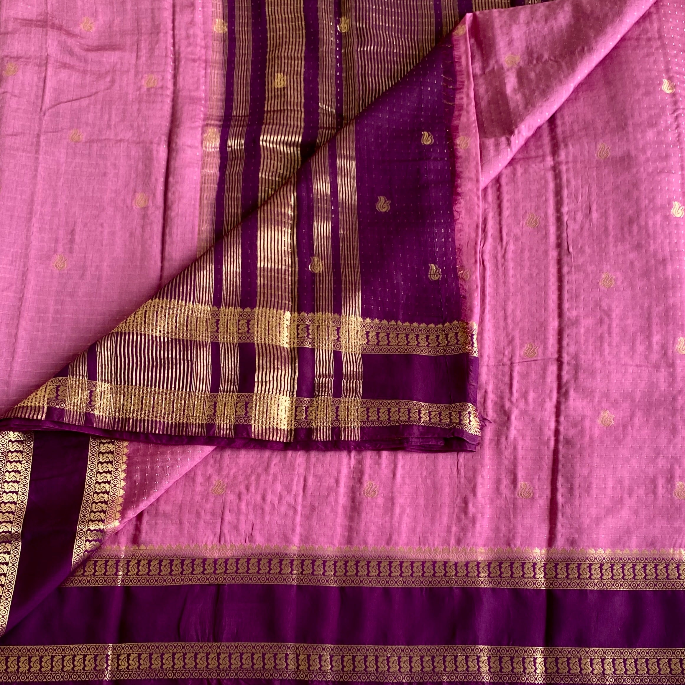 Lotus Pink Soft Tussar Silk Saree With Royal Purple Pallu