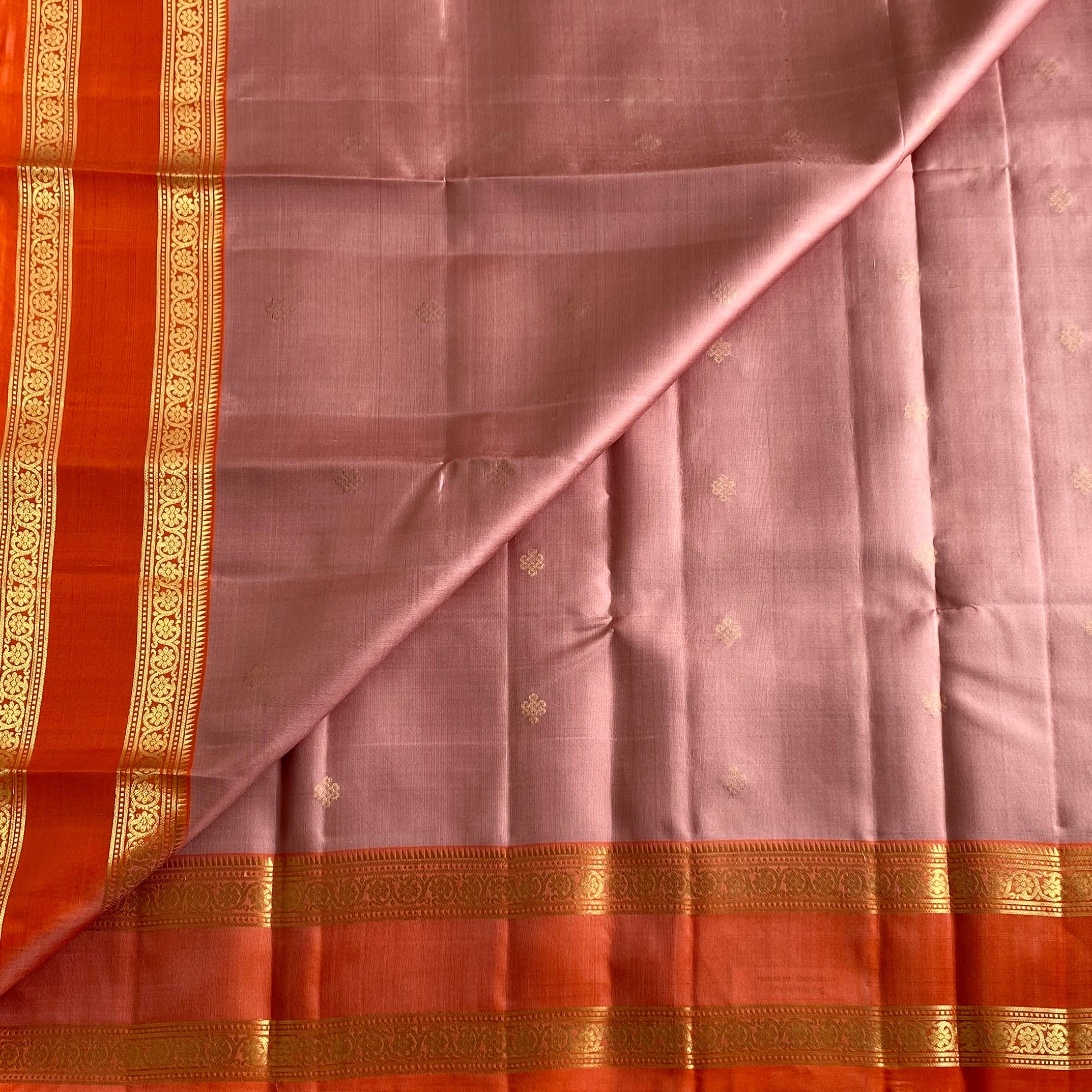 Blush Pink Designer Pure Silk Saree With Sunset Orange Pallu