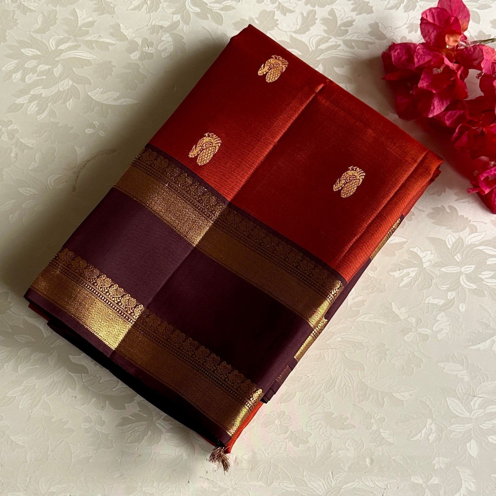 Deep Plum Designer Pure Silk Saree With Ruby Red Pallu