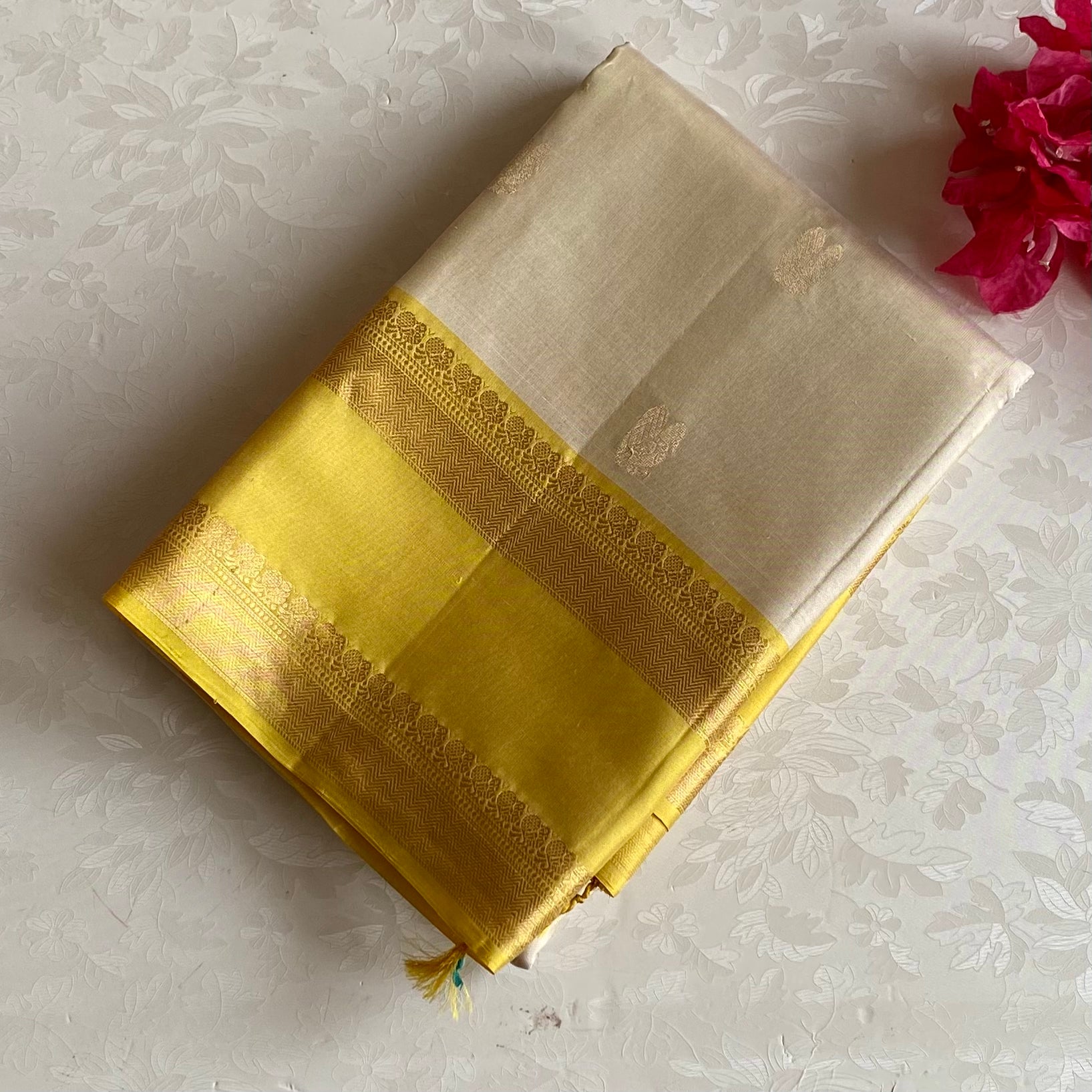 Cream Beige Designer Pure Silk Saree With Golden Yellow  Border