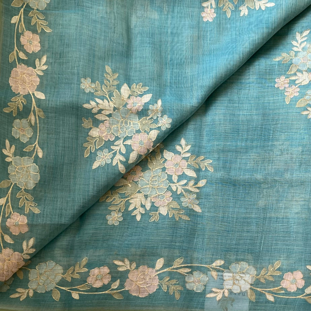Teal Floral Embroidered Saree Gold Zari Tassel Edges Elegant Festive
