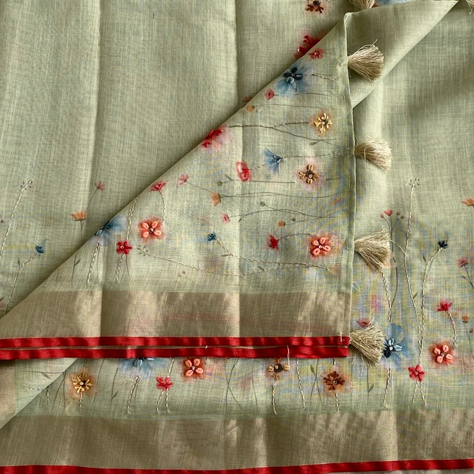 Sage Green Soft Linen Saree With Scarlet Red Border