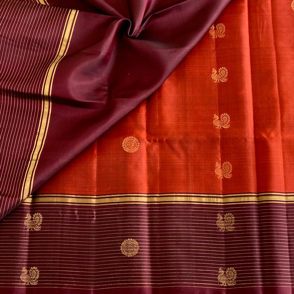 Brick Red Designer Pure Silk Saree With Deep Maroon Pallu