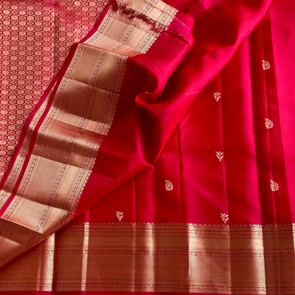 Cherry Red Designer Pure Silk Saree With Antique Gold Border