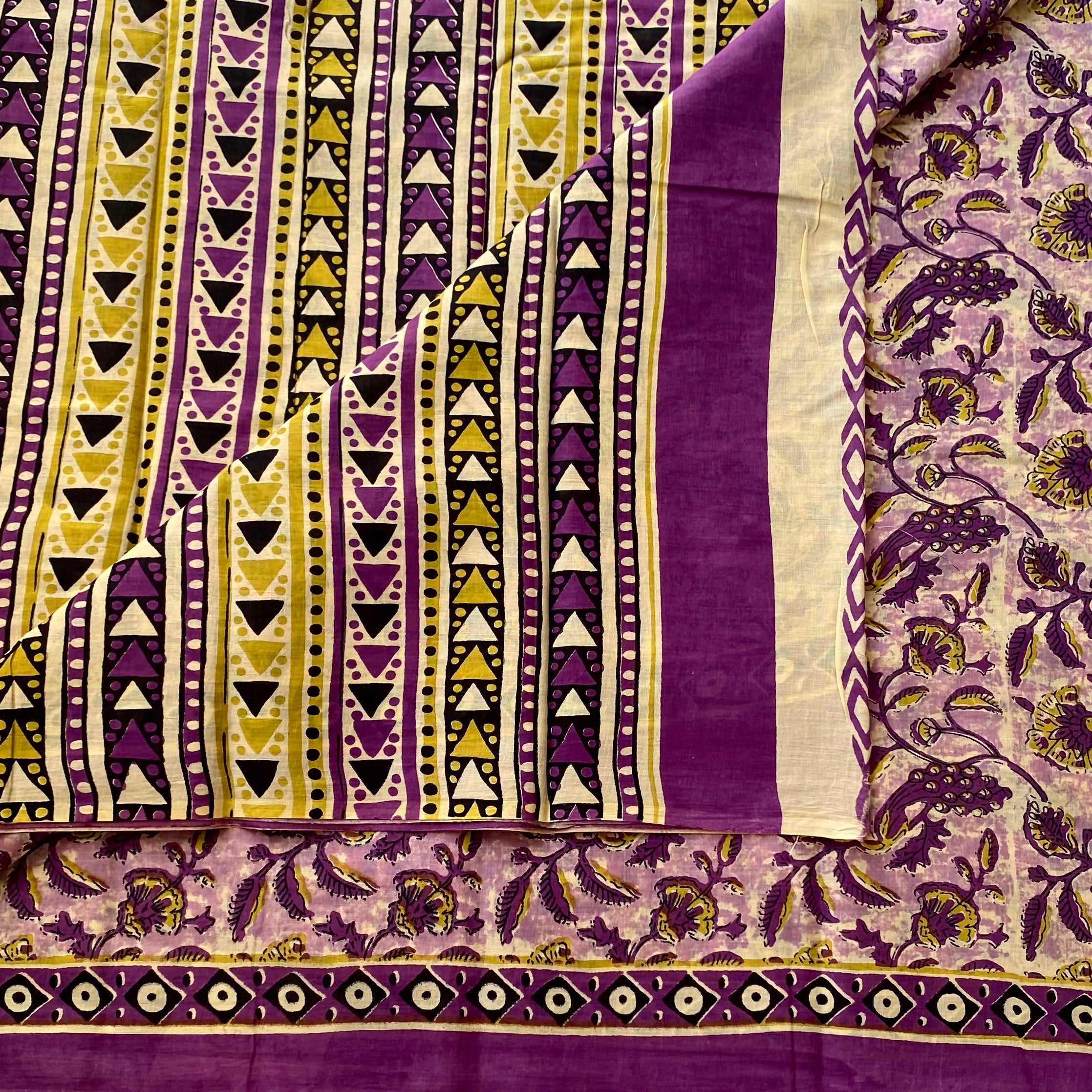 Purple Mustard Printed Cotton Saree Floral Pallu Geometric Border