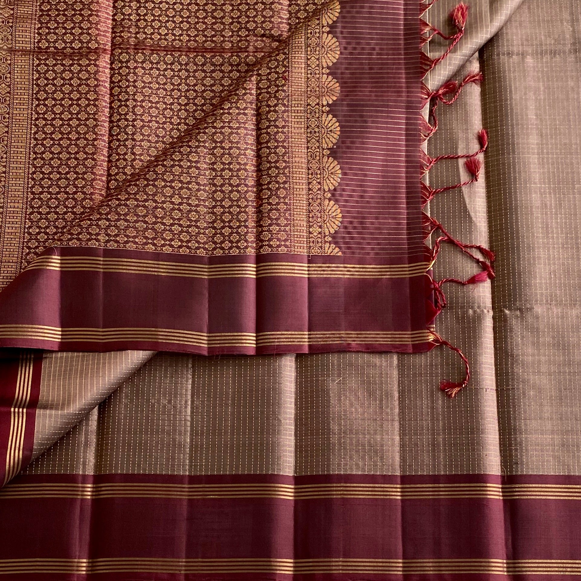 Dusty Mauve Designer Pure Silk Saree With Deep Maroon Pallu
