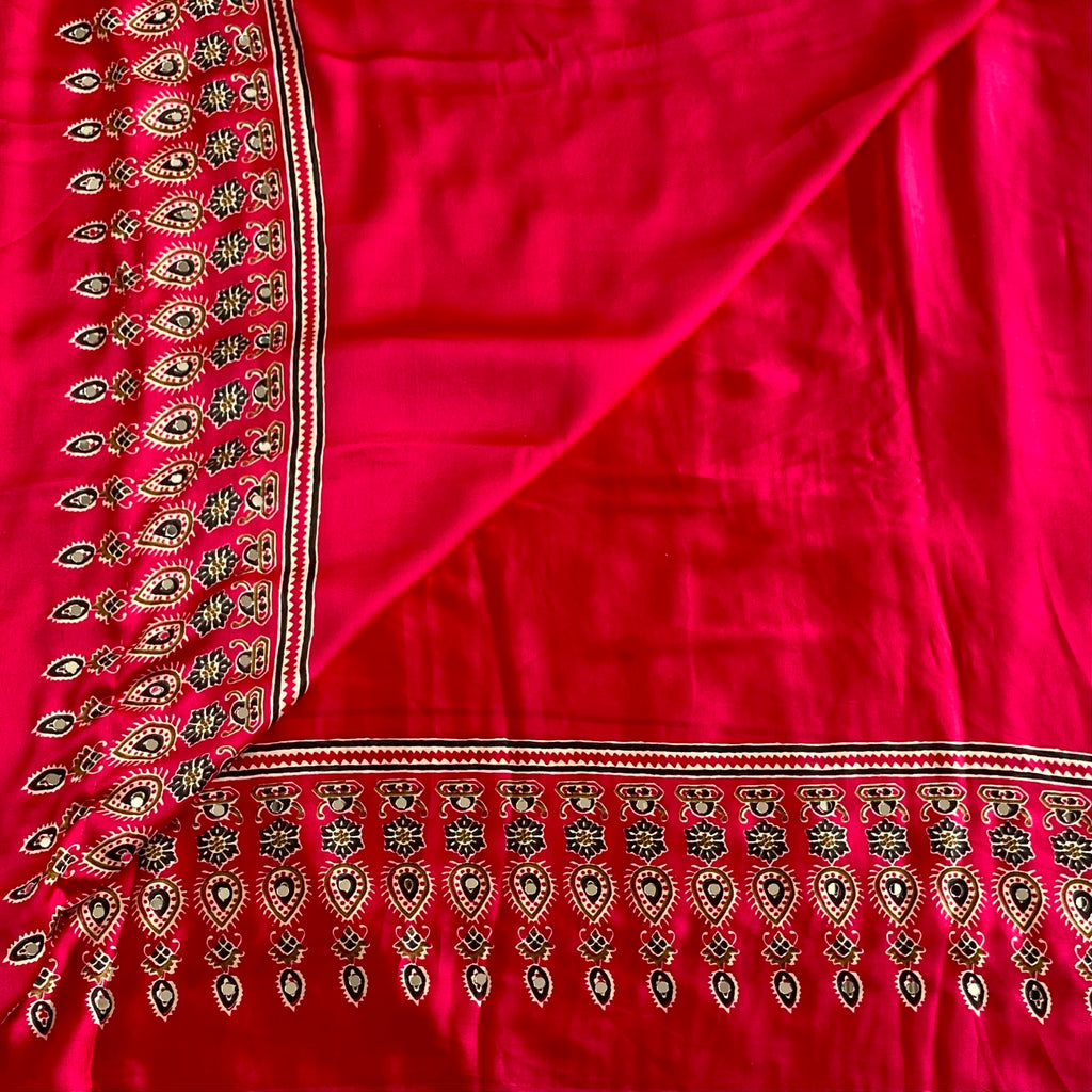 Rani Pink Softest Satin Silk Saree With Ivory Medallion Panels