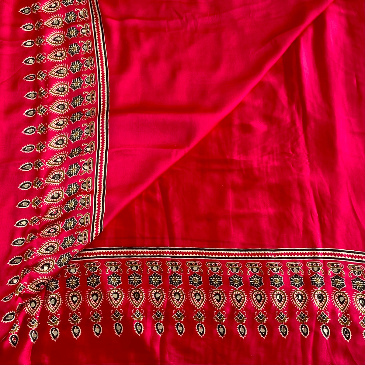 Rani Pink Softest Satin Silk Saree With Ivory Medallion Panels